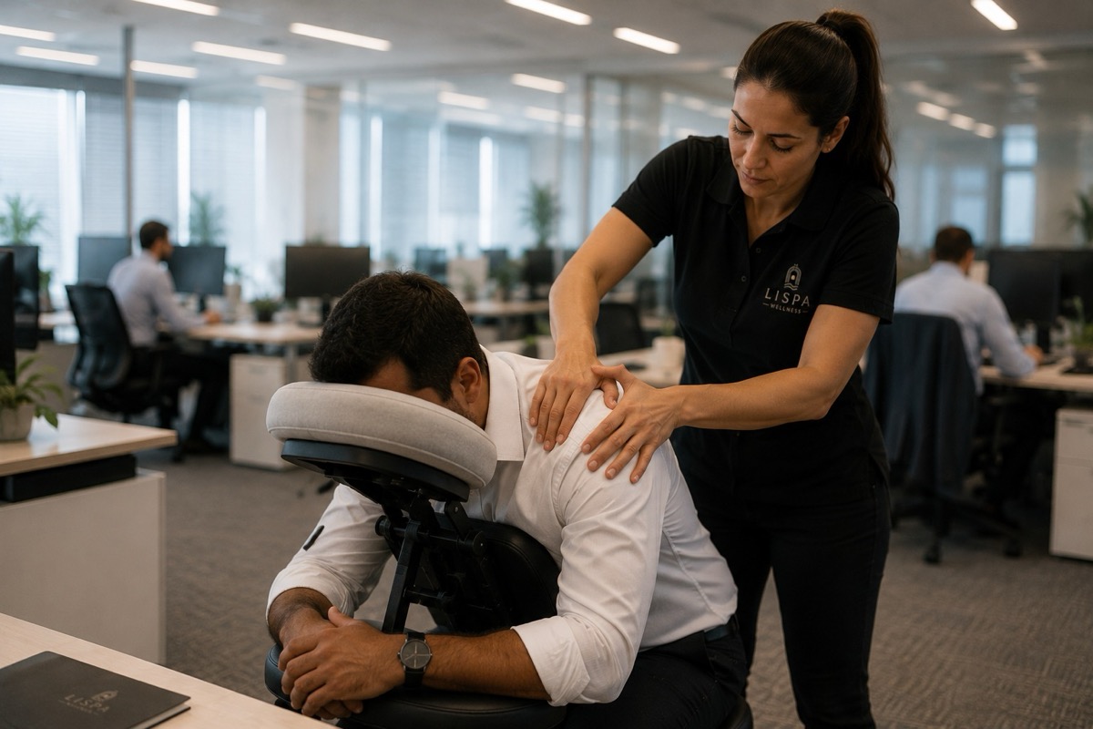 Lispa therapist delivering a back, neck and shoulders chair massage in an open-plan office