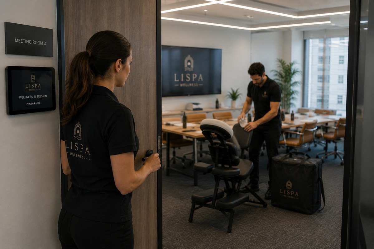 Lispa therapists setting up in a meeting room with wellness sign